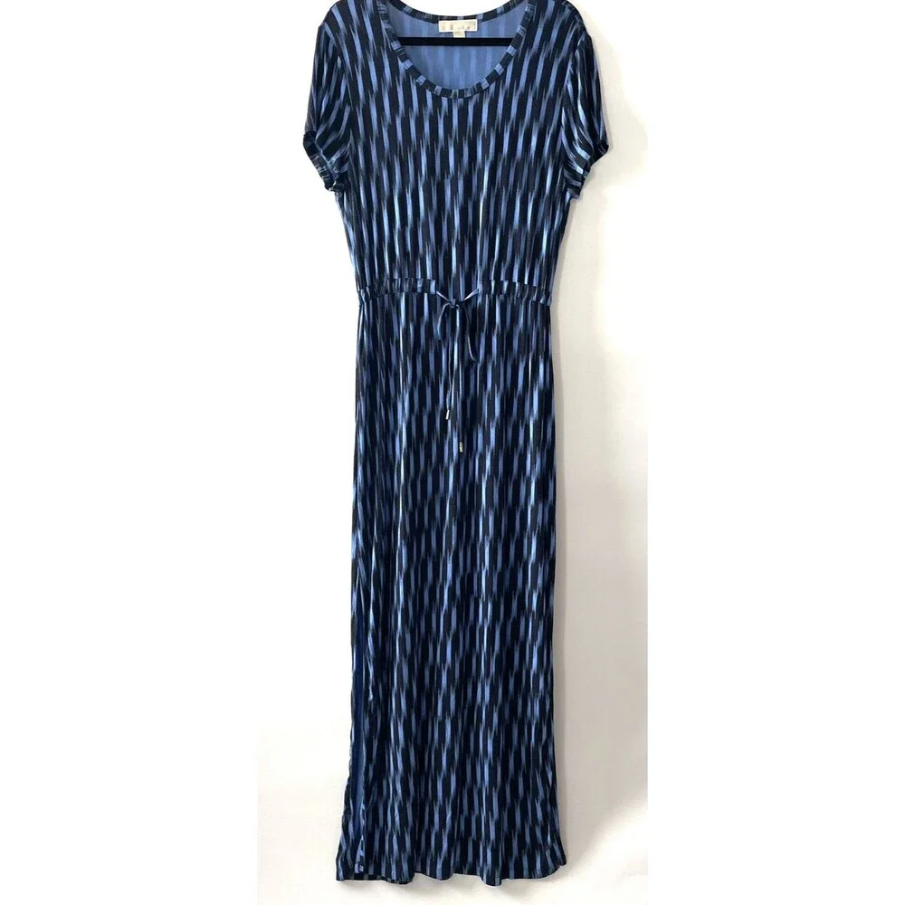 Michael Kors Maxi Dress Blue Black Scoop Neck Short Sleeve Size XL -(C)